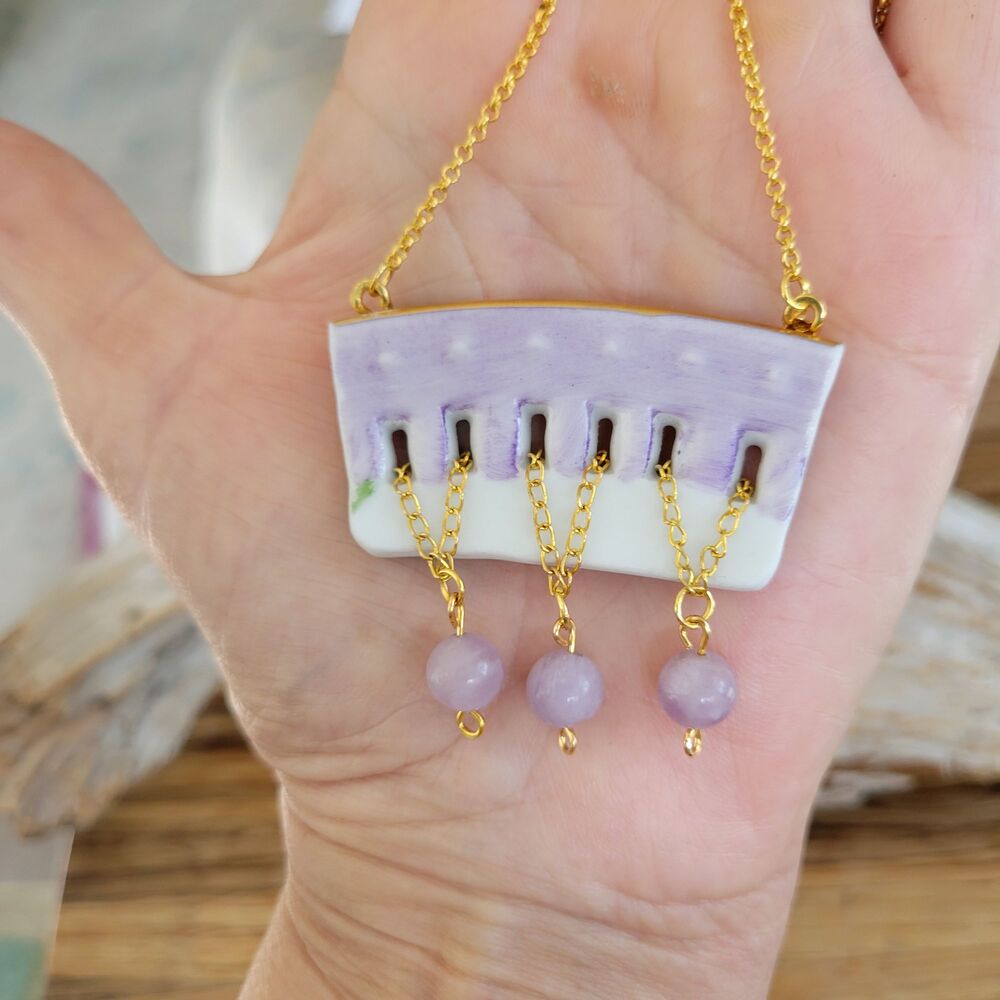 Broken China Pendant Necklace with Lavender Amethyst Beads